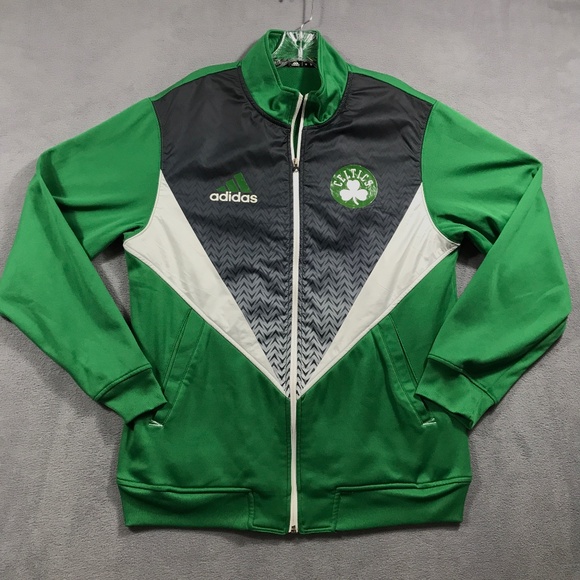 Celtics Adidas Track Jacket Full Zip Polyester Stretch Green Gray Mens Medium - Picture 1 of 9